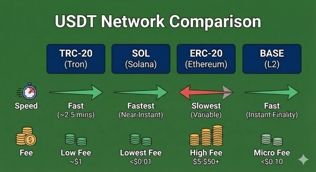 USDT Network Comparison Chart: TRC-20 vs Solana vs ERC-20 vs BASE Fees and Speed