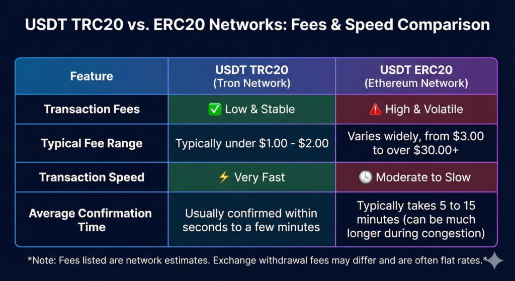 Comparison table showing the difference between USDT TRC20 and ERC20 networks in terms of fees and speed