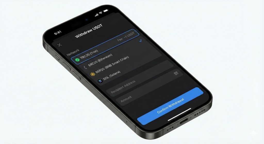 Mobile crypto wallet withdrawal screen showing network selection for TRC20