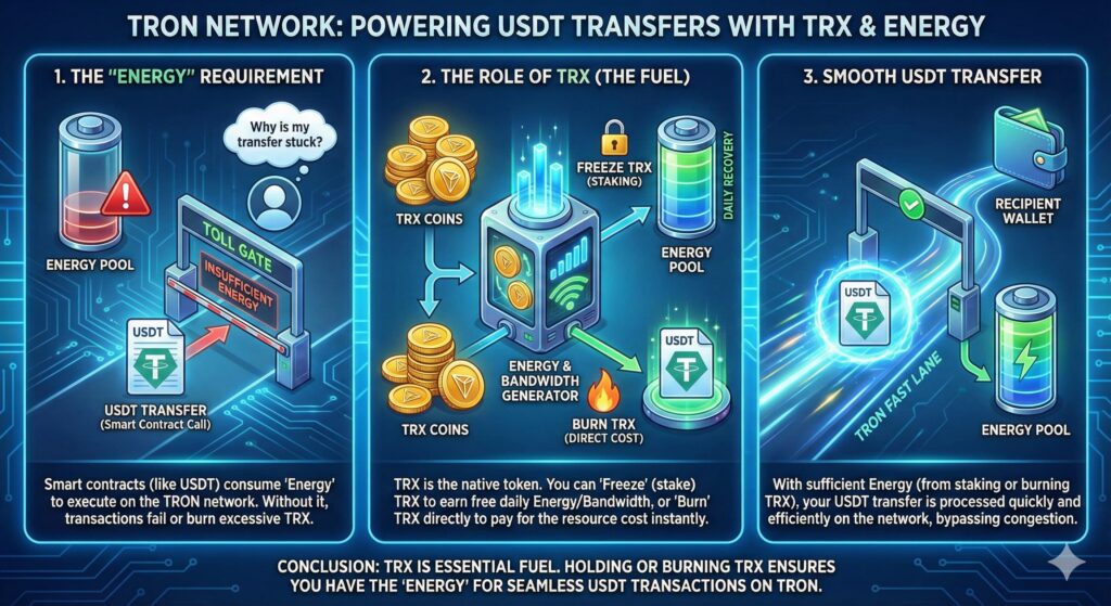 Infographic explaining TRON energy and the necessity of TRX for USDT transfers